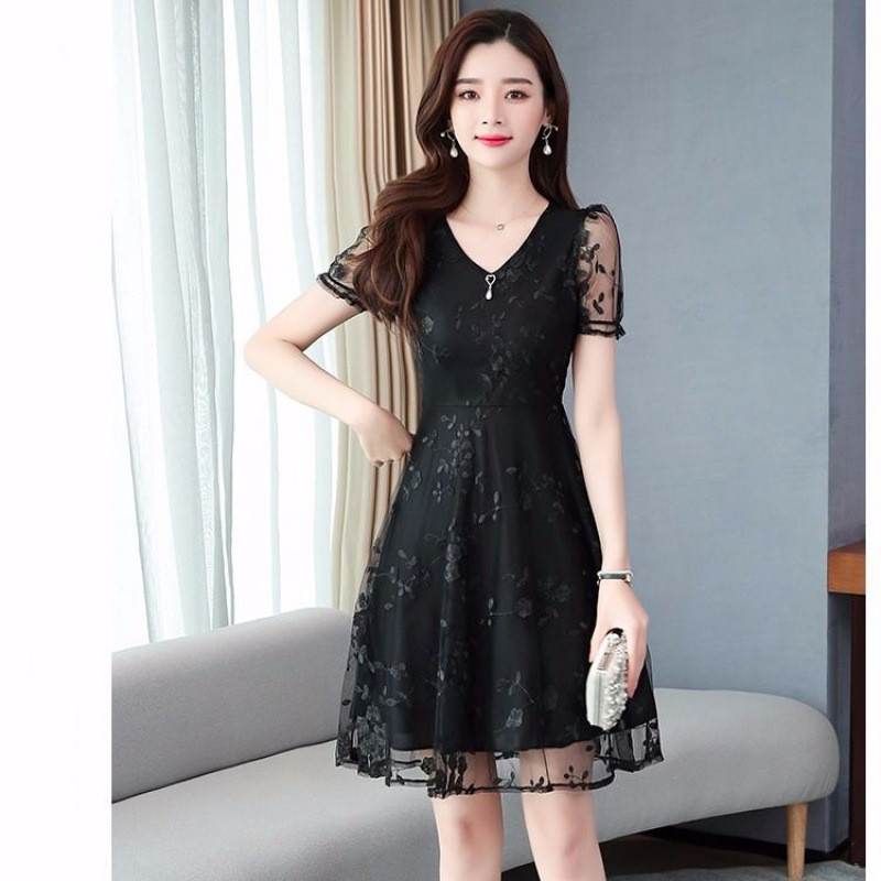 Mid-length Waist Fat MM Mesh Embroidered Dress