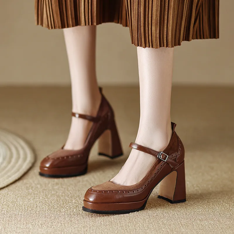 Leather High Heels Female French Retro - Brown