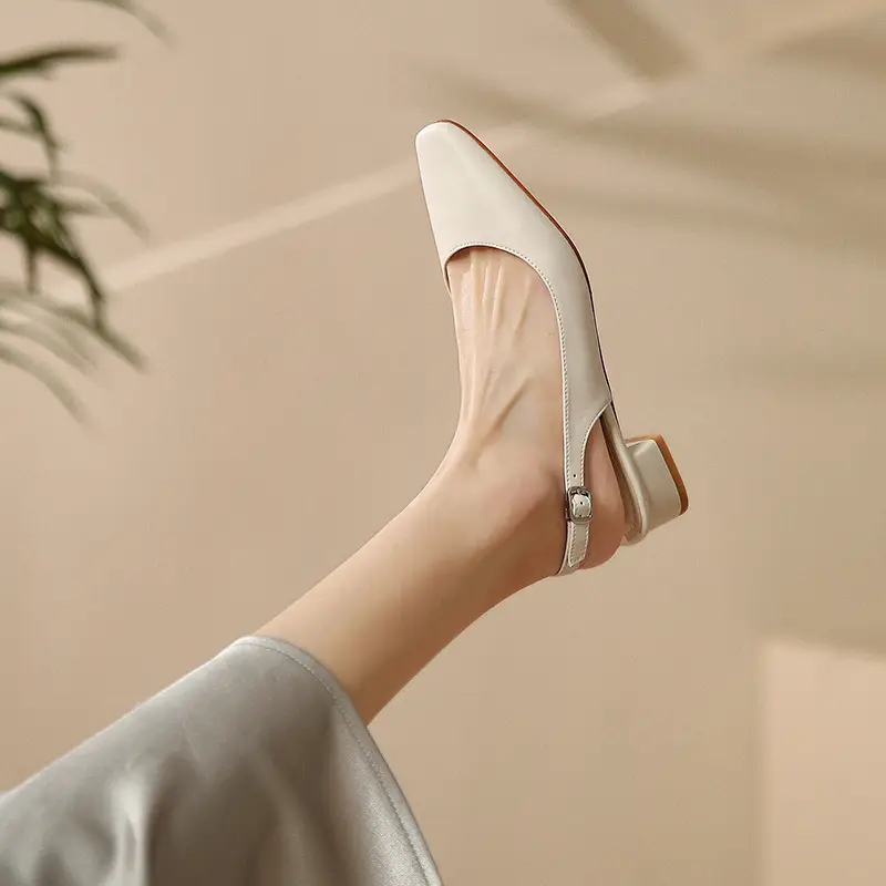 Leather Back Empty Shoes Chunky Heel Soft Leather Square Toe