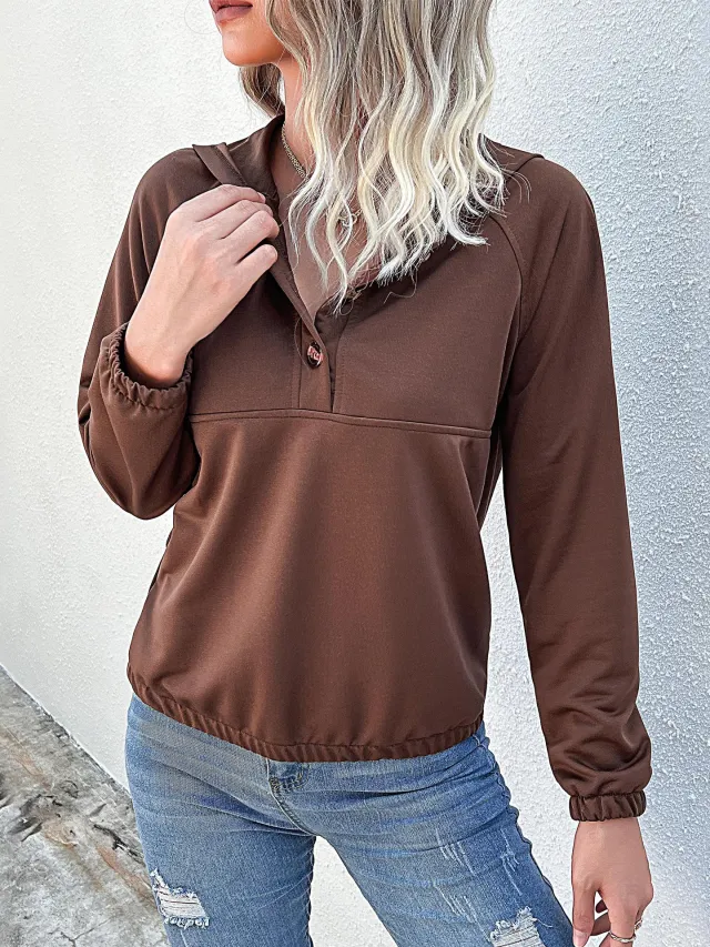 New Patchwork Casual Hooded Button Pullover Sweatshirt Coffee Brown - Shop at LoveMi