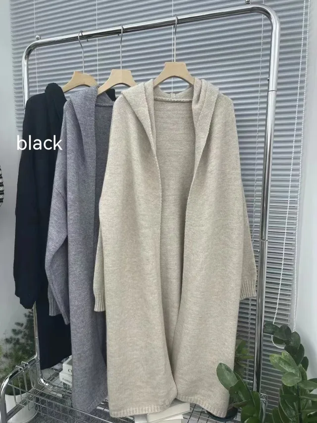 Super Long Soft Glutinous Hooded Sweater Coat Women Black - Shop at LoveMi
