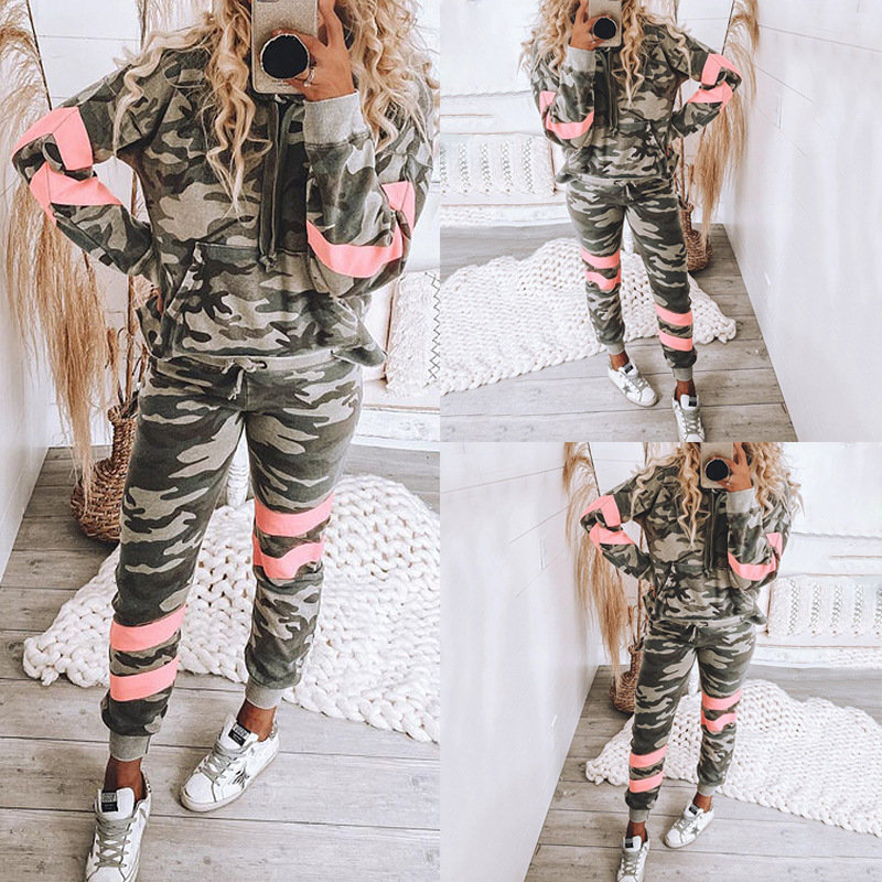 Camouflage Print Long-Sleeved Hooded Casual Home Sports Suit