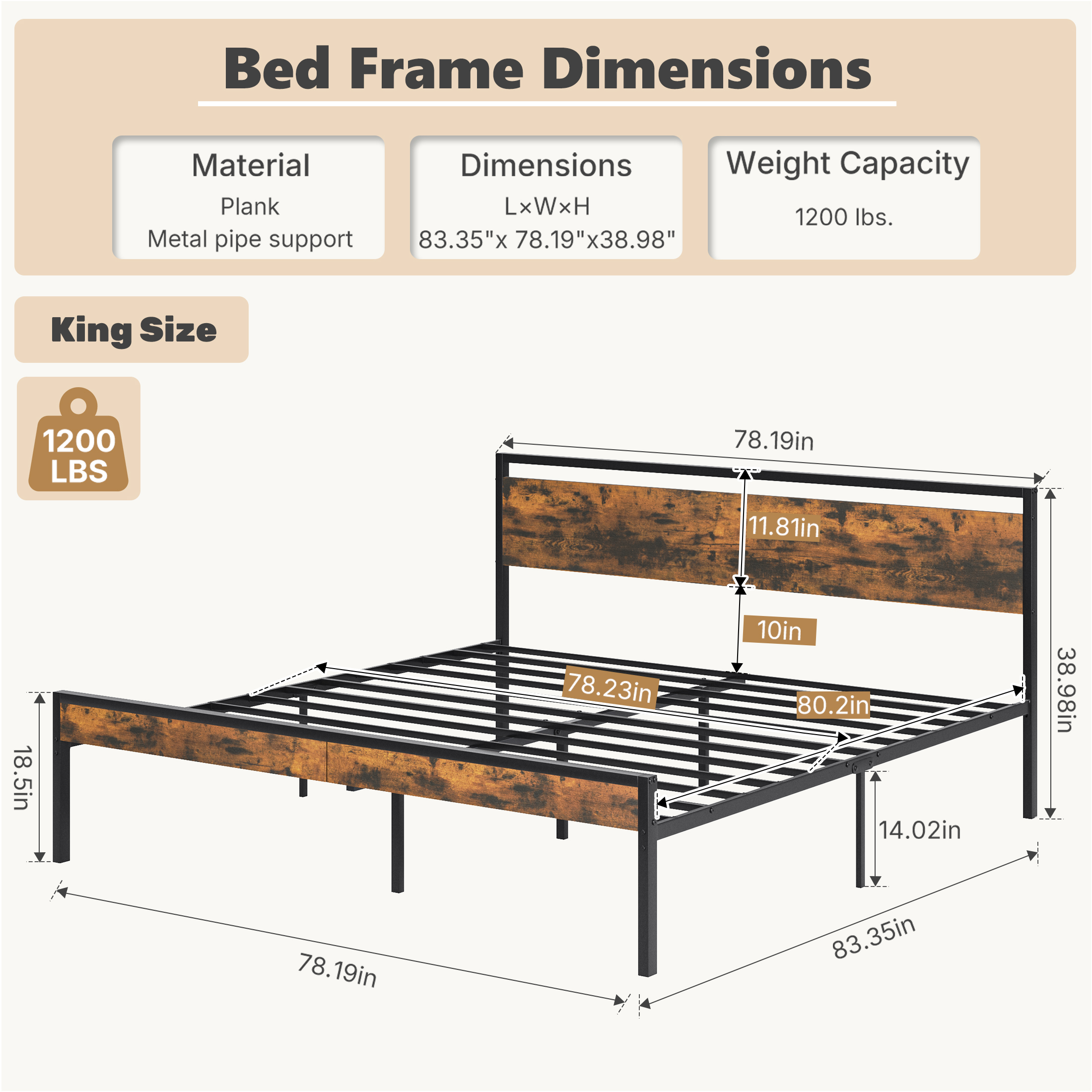 Heavy-duty Metal Platform Bed With Wooden Headboard, Capable Of Supporting 1000 Pounds, And With Storage Space Beneath The Bed. image 9