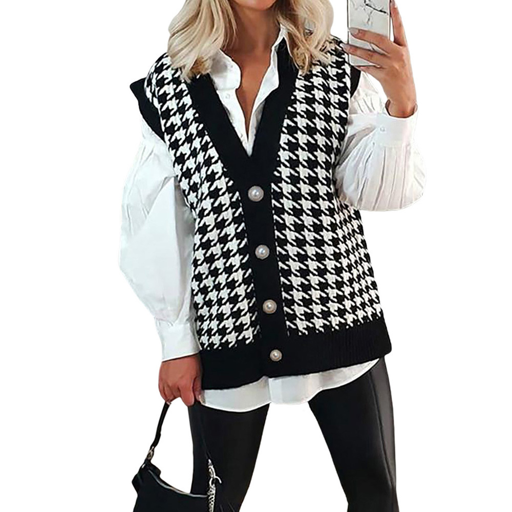 Sweater Women's Loose V-neck Houndstooth Short Sleeve Knit Cardigan Jacket Contrast Color