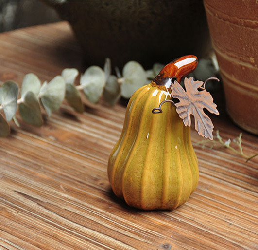 Pumpkin scene ceramic rustic painted ornament (yellow)