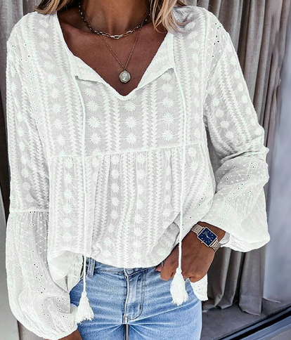 Women's Long-sleeved Chiffon Shirt European And American Tassel Embroidered Drawstring