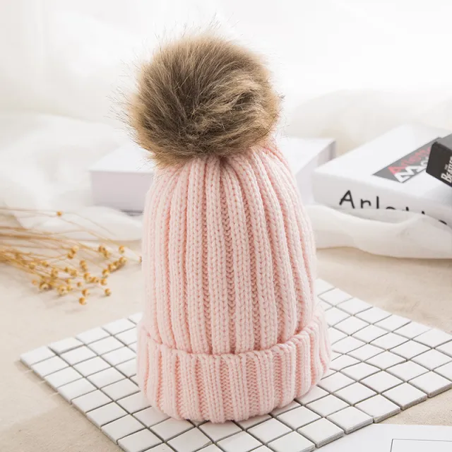 Thick Knit Hat Imitating Raccoon Fur Ball Warm Cap Pink - Shop at LoveMi