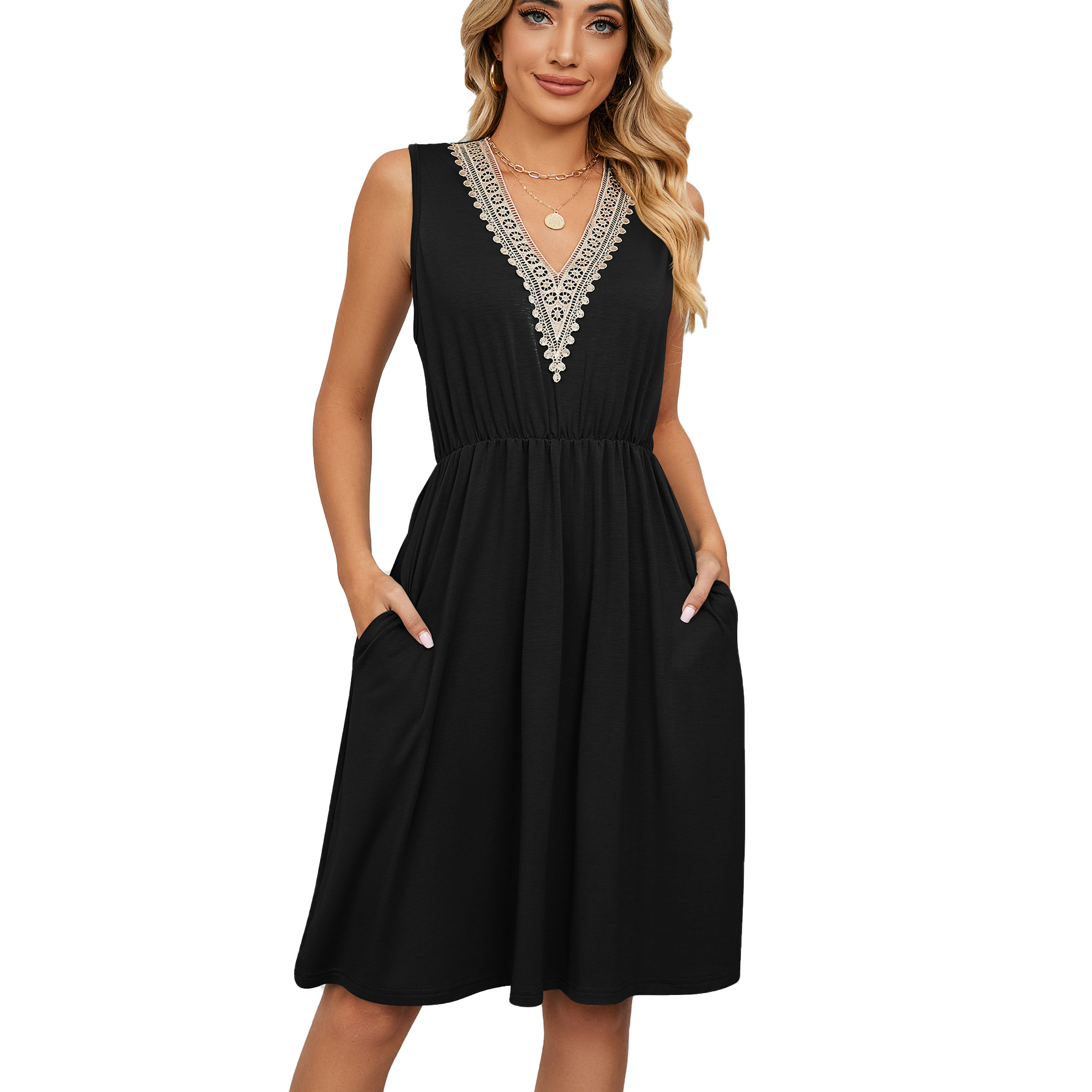 Lace Panel Sleeveless Dresss With Pocket V neck Dresses For Women Black - Shop at LoveMi