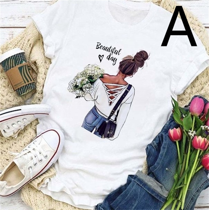 Women's Short-sleeved T-shirt Hand-painted Comic Back Girl Series