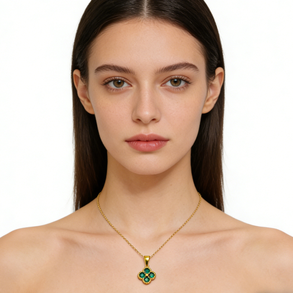 Green 4 Leaf Clover 24K Gold Necklace For