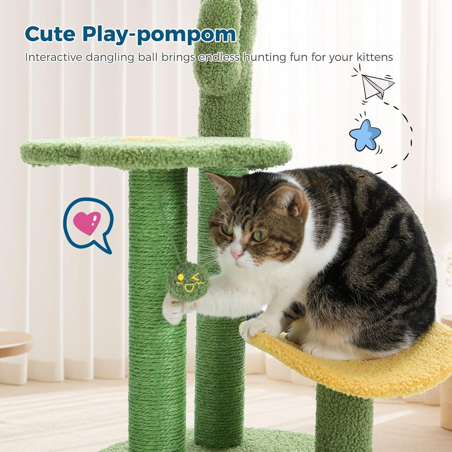 26 Inch Cactus Cat Tree With Bird's Eye View Flower Perch, Soft Cactus Top And Hanging Ball, Compact Vertical Structure For Indoor Cats