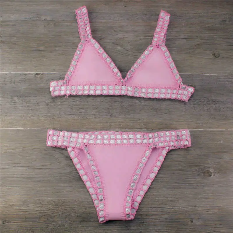 Europe And The United States Sexy Hand Crochet Colorful Bikini Set, Spell Color Rubber, Ladies Knitted Swimwear Wholesale