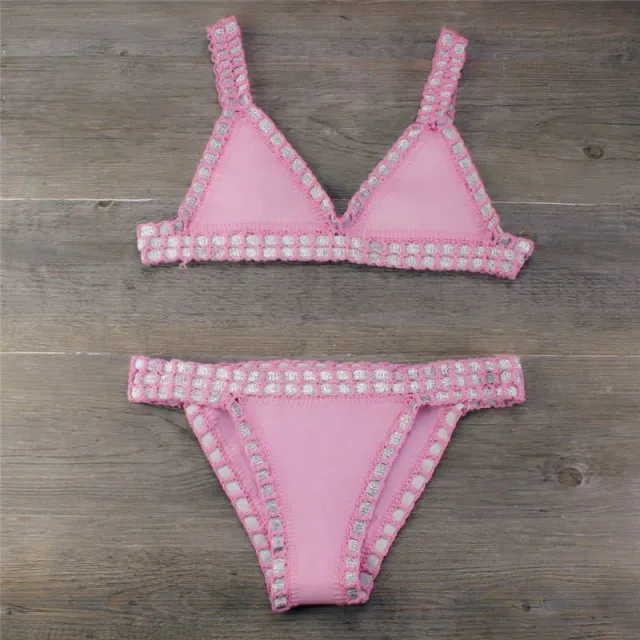 Europe And The United States Sexy Hand Crochet Colorful Bikini Set, Spell Color Rubber, Ladies Knitted Swimwear Pink - Shop at LoveMi