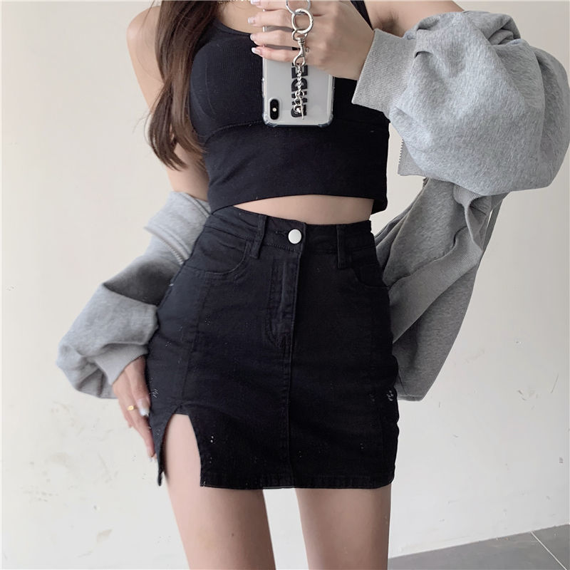 Split High Waisted Slim Denim Skirt