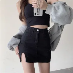 Split High Waisted Slim Denim Skirt - Black - View 1