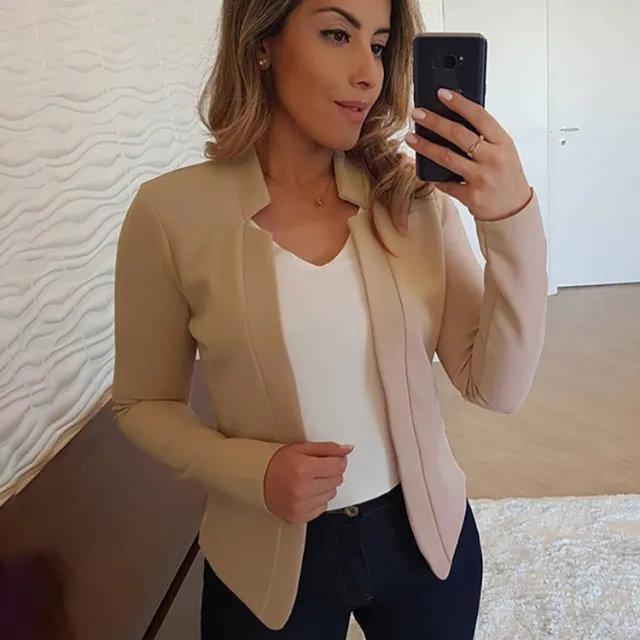 Small Suit Long Sleeve Solid Color Cardigan Coat Top Apricot Grey - Shop at LoveMi