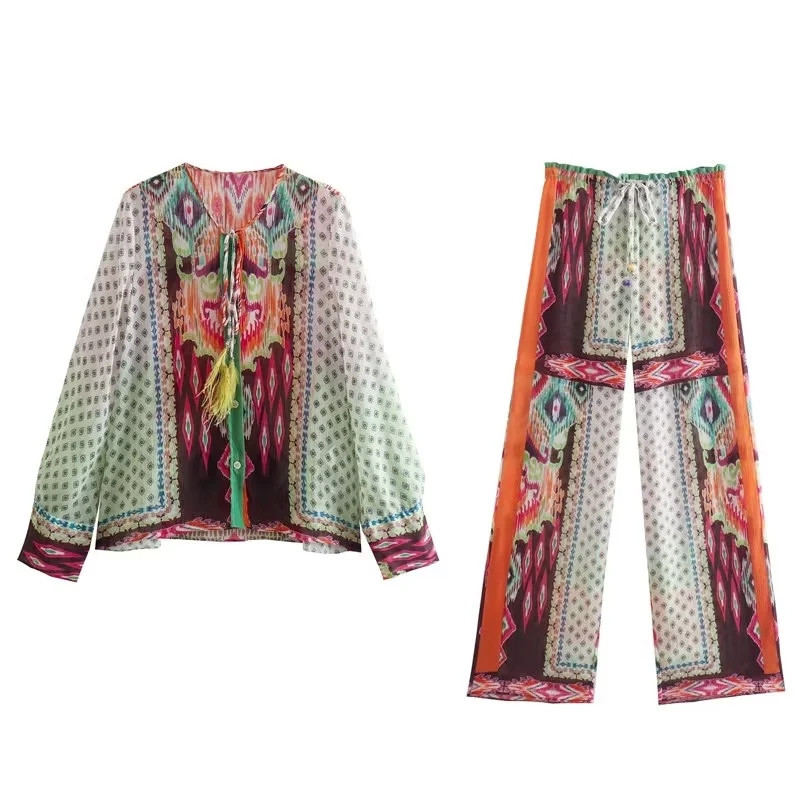 Printed Lace Up Long Sleeve Shirt High Waist Symmetrical Printed Trousers Suit