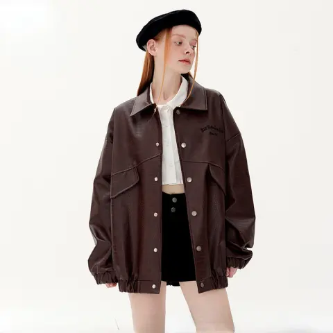 Leather Jacket Lapel Loose Retro Top