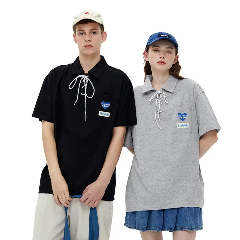 Polo Collar Tied Rope Short-sleeved T-shirt Couple Loose And Casual