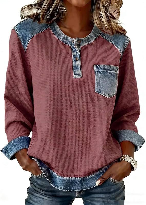 Patchwork Button Pocket Long Sleeved Round Neck Top