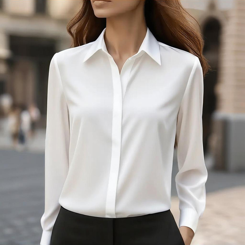 Women's Long Sleeve Satin Blouse, V Neck Loose Fit Tunic Top For Business Casual Office Fall White - Shop at LoveMi