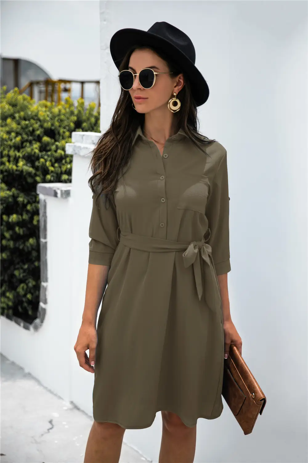 Solid Color Button Lapel Mid-sleeve Shirt Dress