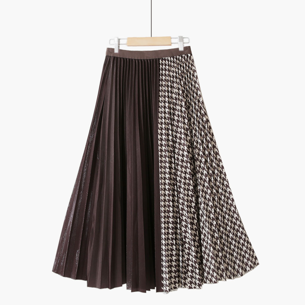 Simple Houndstooth Solid Color Stitching Contrast Color Pleated Skirt Coffee Color Houndstooth - Shop at LoveMi
