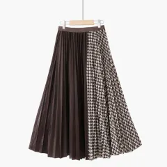 Simple Houndstooth Solid Color Stitching Contrast Color Pleated Skirt - Coffee Color Houndstooth - View 1