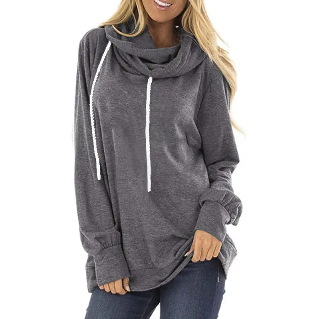 Hooded Drawstring Sweater Pullover Long sleeved Loose Casual Women's Top Grey - Shop at LoveMi