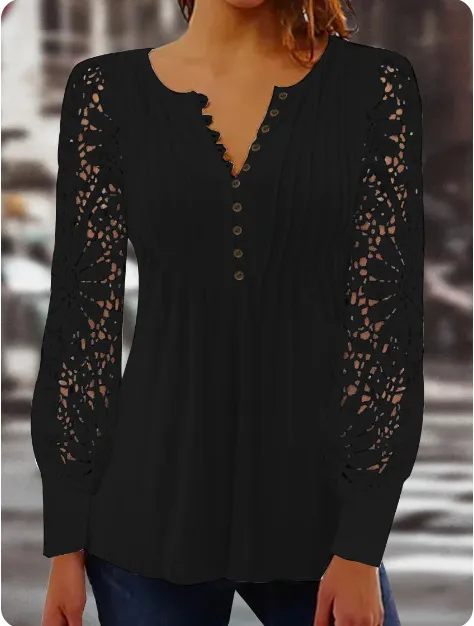 Spring Lace Long sleeved V neck Slim Short T shirt Top Black - Shop at LoveMi