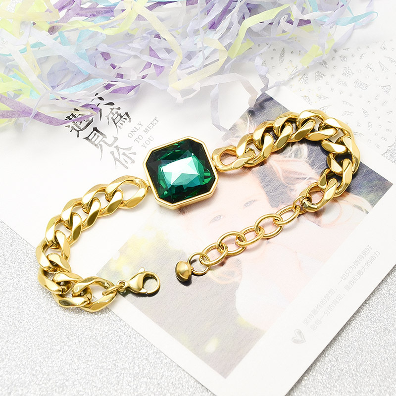 Full-gloss Denim Chain Green Jade Faceted Stone Titanium Steel Bracelet