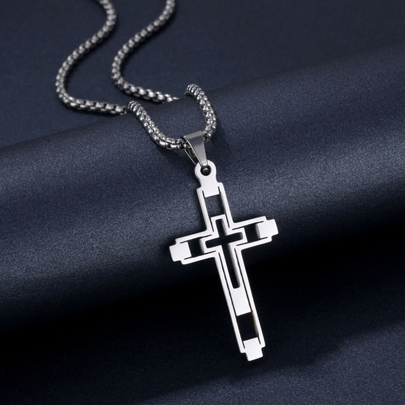 Hip Hop Titanium Steel Hollow Double Cross Pendant Necklace