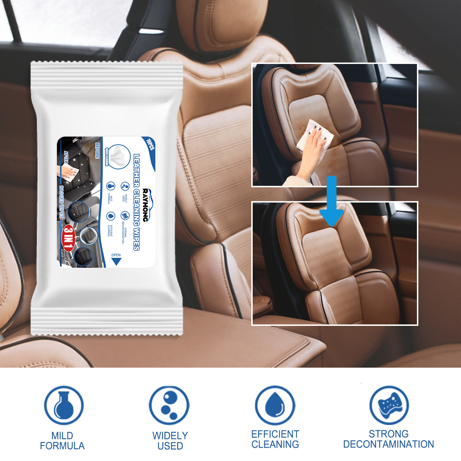 Lingettes nettoyantes sans eau pour cuir voiture (10 pièces) 3