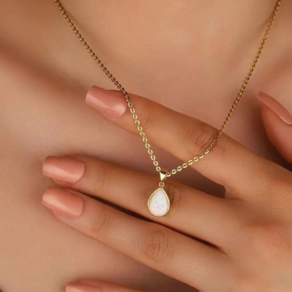 All Match Water Drop Pendant Necklace Imitation Opal  Light Luxury Sweater Chain