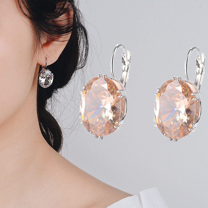 Oval Clear Simulated Zirconia Huggie Earrings Silver Tone Hand Polished Snap Closure Women Party Ear Ornaments