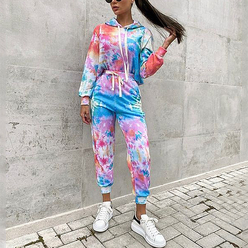 Tie-Dye Printed Hooded Casual Home Wear Suit