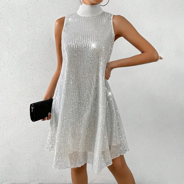 Women's Sparkly Sequin Sleeveless Mock Neck Dress Glittery Evening Party Dress Silver - Shop at LoveMi