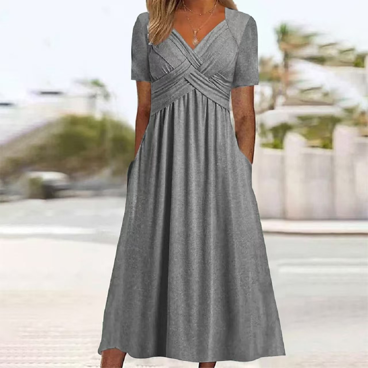 Summer New Short Sleeve Dress, V-Neck Women's Fashion Dress - Image 1