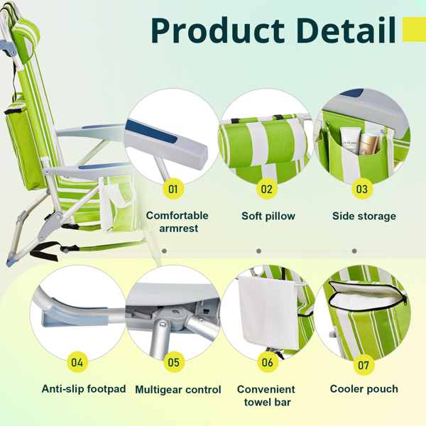 63x65x82cm Short Oxford Cloth Silver White Aluminum Tube Bearing Beach Chair Green Stripes