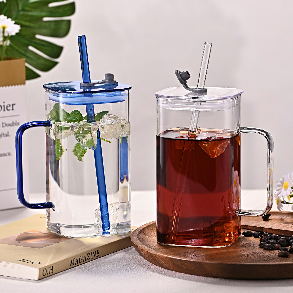 1 Pcs Transparent Glass Straw Cup, 4 Colors Square Glass Cup With Straw And Lid, High Borosilicate Glass Cup, Milk Cup, Juice Cup, Cold Drink Cup, Coffee Cup, Tea Cup, Office Cup, Gift Cup