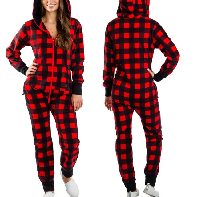 One piece Pajamas Women Autumn And Winter Couples Hooded Home Service Jumpsuit Grid - Shop at LoveMi