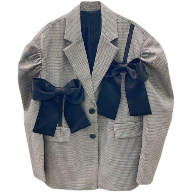  Autumn New Bow Decoration Puff Sleeve Houndstooth