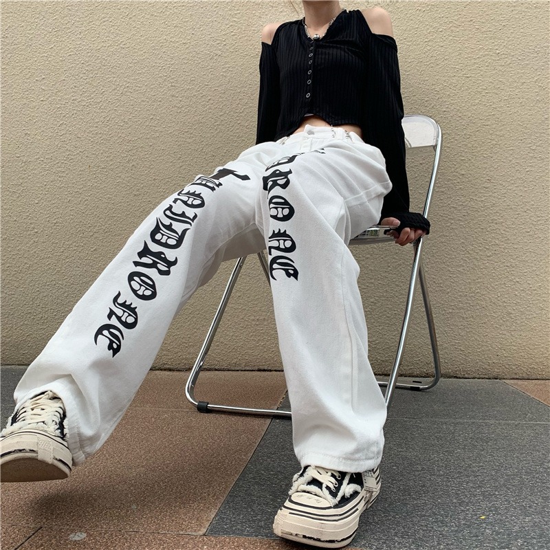 Women's White High Street Print Straight Leg Pants