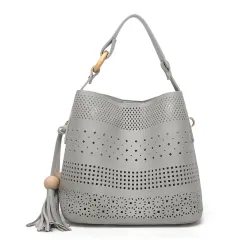 Fashion Hollow Crossbody Tassel Handbag Lady Bag - Grey - View 1