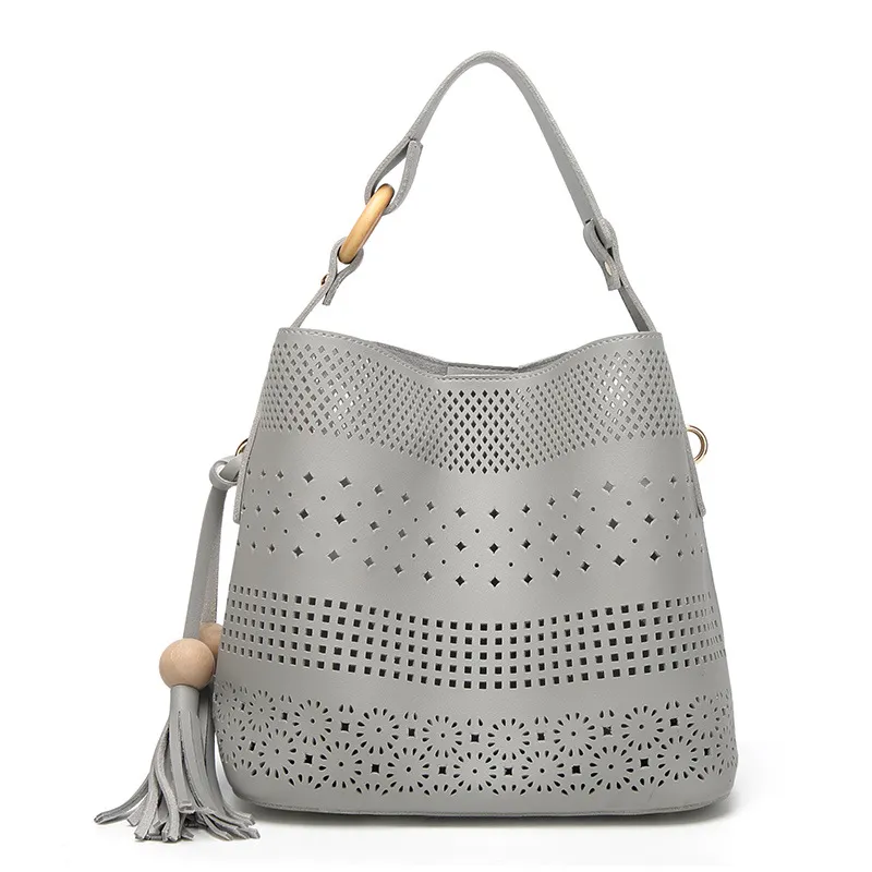 Fashion Hollow Crossbody Tassel Handbag Lady Bag - Grey