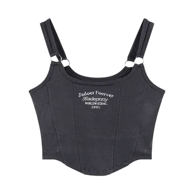 Letter Embroidery Small Suspender Vest Women Slim Short Outer Wear Top Grey - Shop at LoveMi