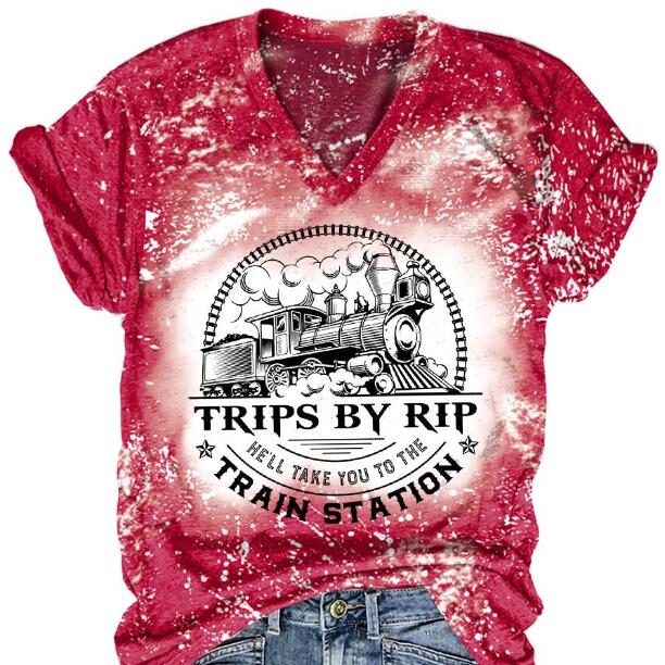 Europe And America Printed T-shirt Pullover Short Sleeve V-neck Top