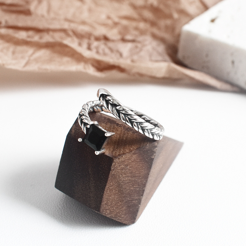 Ins Retro Cool Style Jewelry S925 Sterling Silver Braided Black Diamond Ring
