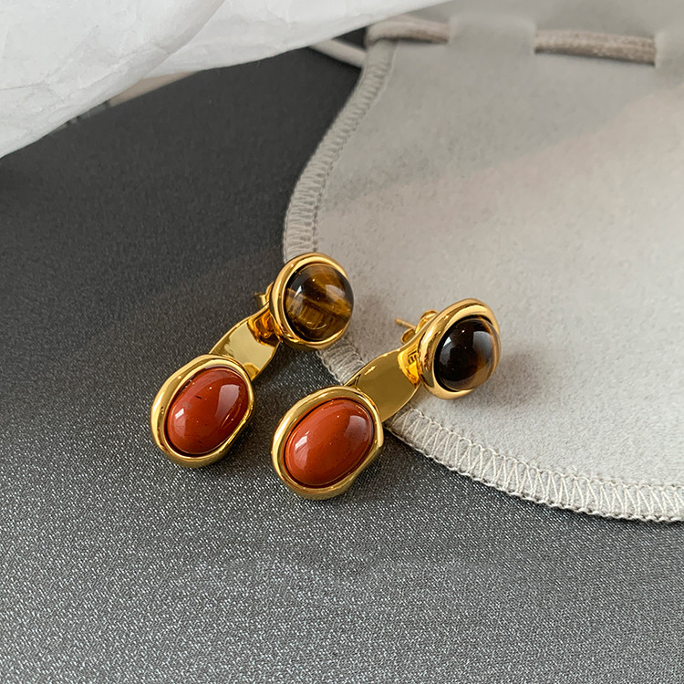 European And American Colored Natural Tiger Eye Stone Retro Earrings Female