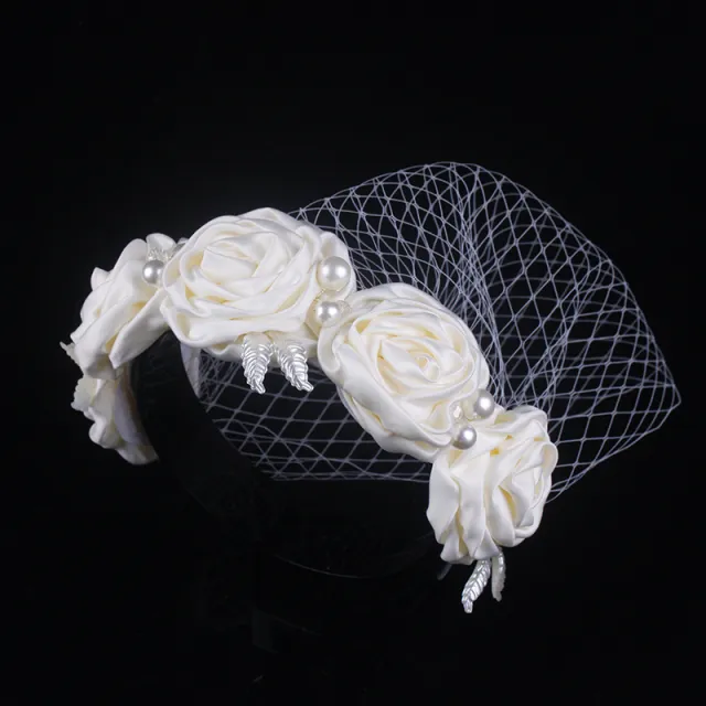 Bridal Large Flower Satin Veil Hair Hoop Headdress Wedding Dress With Accessories White - Shop at LoveMi